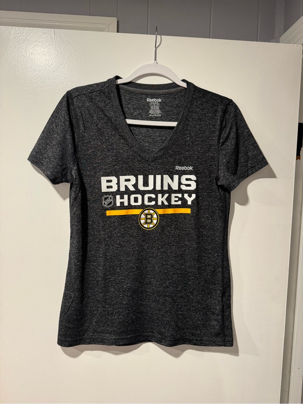 Reebok Women's Charcoal Bruins Hockey V-Neck Tee with Yellow Accent